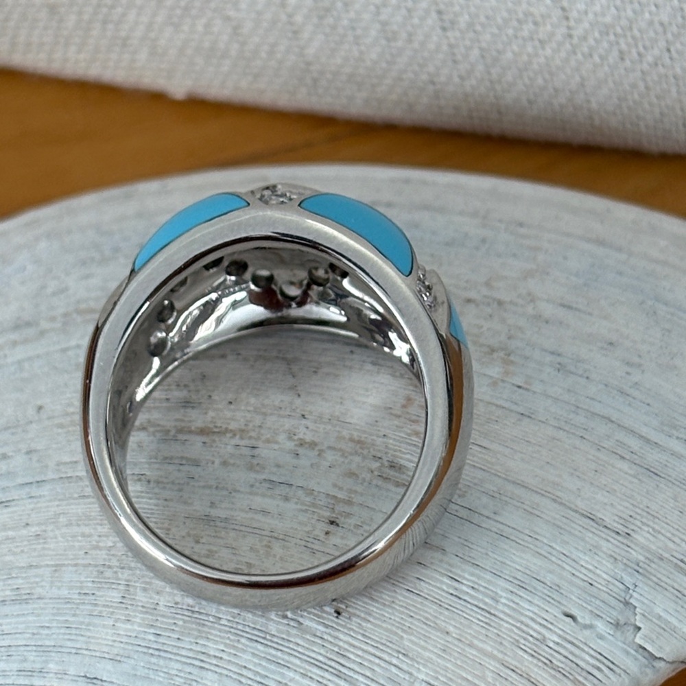 Eric Grossbardt Turquoise Inlay Diamonique CZ Channel Set Ring Sterling Size 10 - Picture 12 of 13